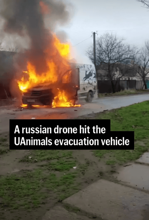 Drone-aanval op een van de voertuigen van UAnimals in 2025